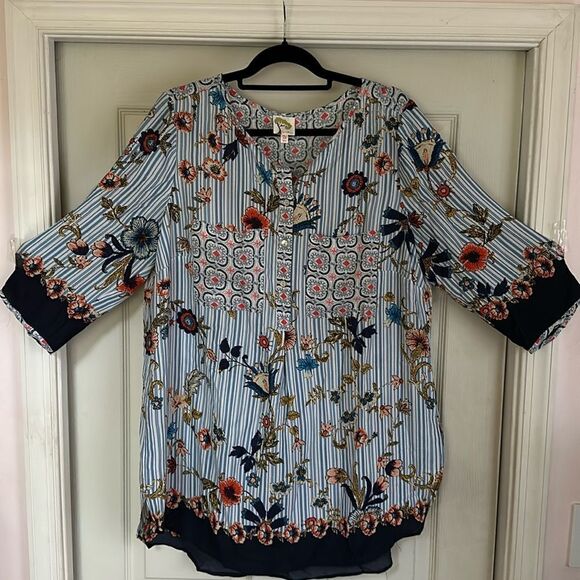 Fig and Flower Blouse Stripes Floral 3/4 Sleeve Button Front Size 2X - Picture 1 of 12